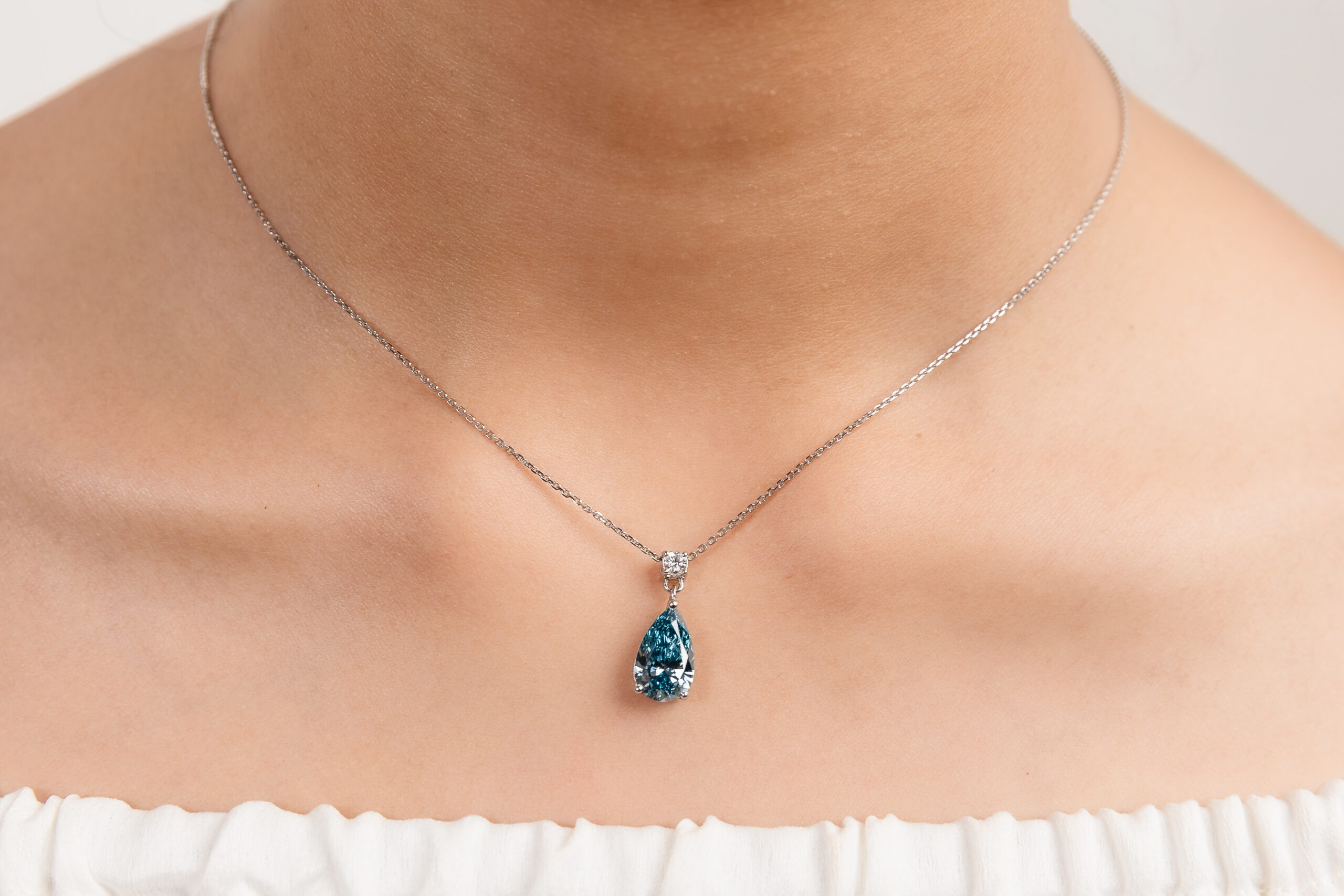 Point Up Pear Blue Diamond with Solitaire Pendant